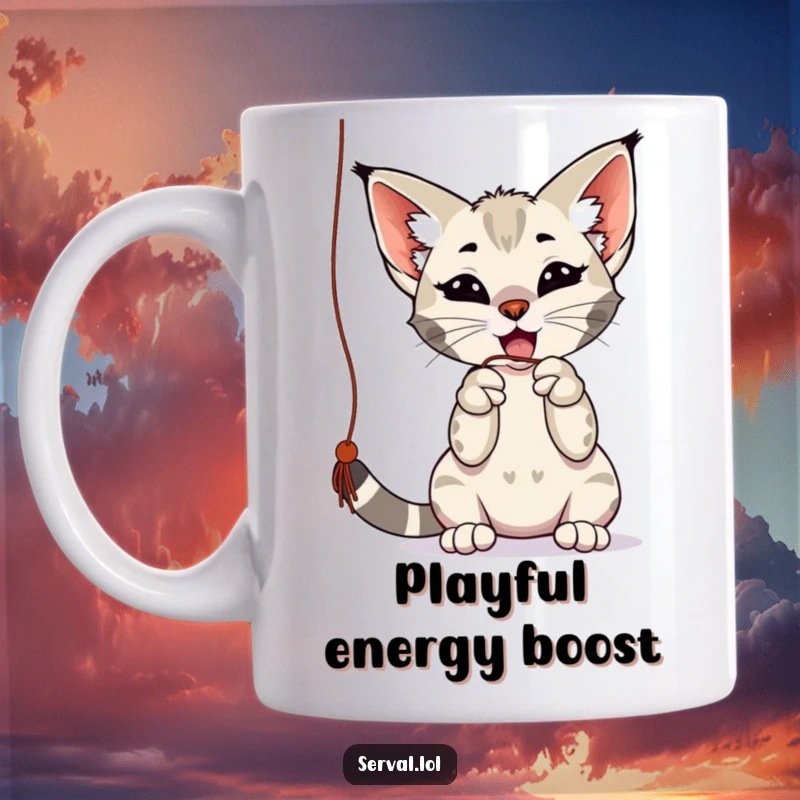 Funny serval mug of a wild cat playfully batting at a dangling string with its paws, perfect for cat enthusiasts and as a funny gift.