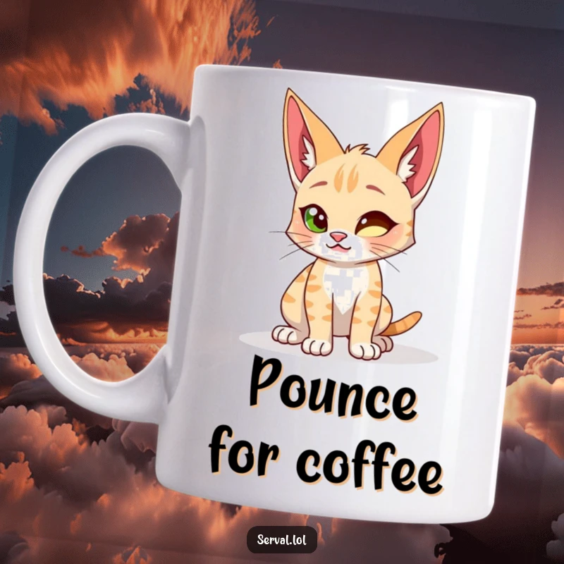 Funny mug featuring a serval cat in a playful crouch, poised to spring into action, embodying wild energy.