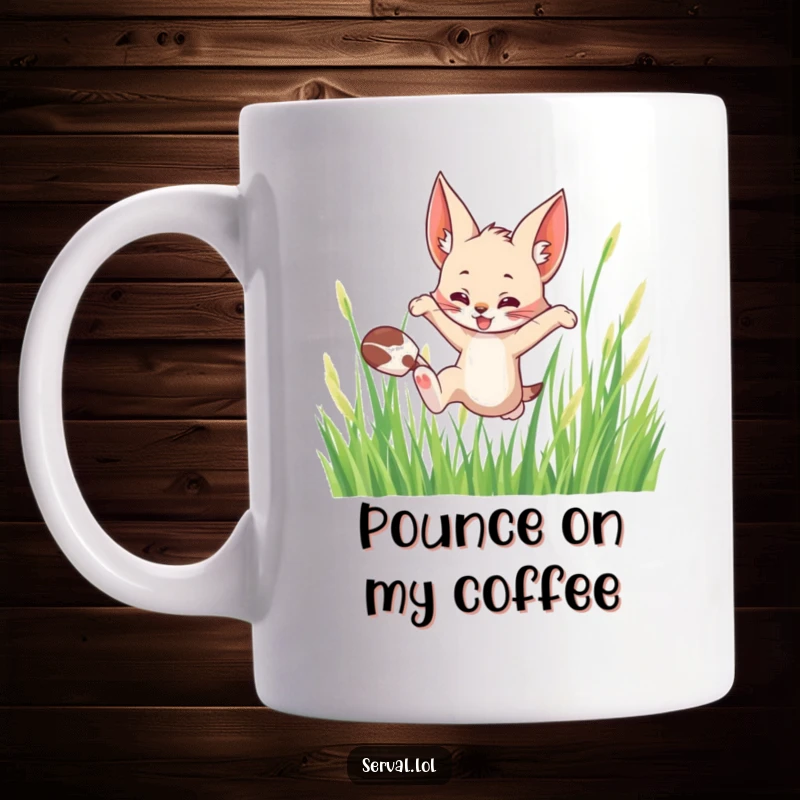Funny mug featuring a serval cat character joyfully leaping through tall grass, embodying playful wildness.