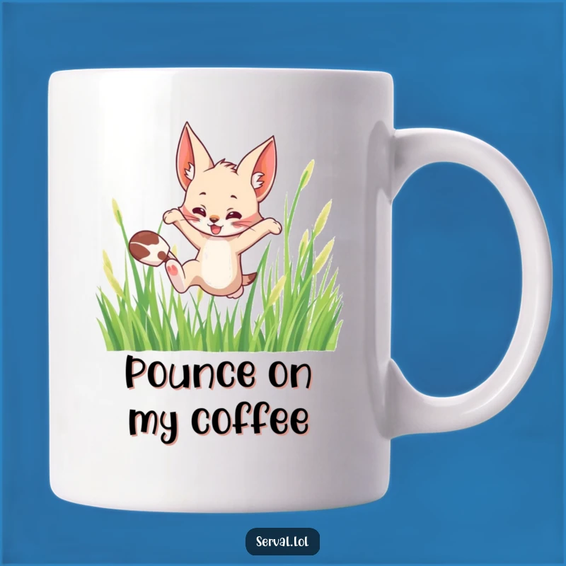 Funny Serval Leaping Mug: Playful Wild Cat Character Perfect Funny Gift