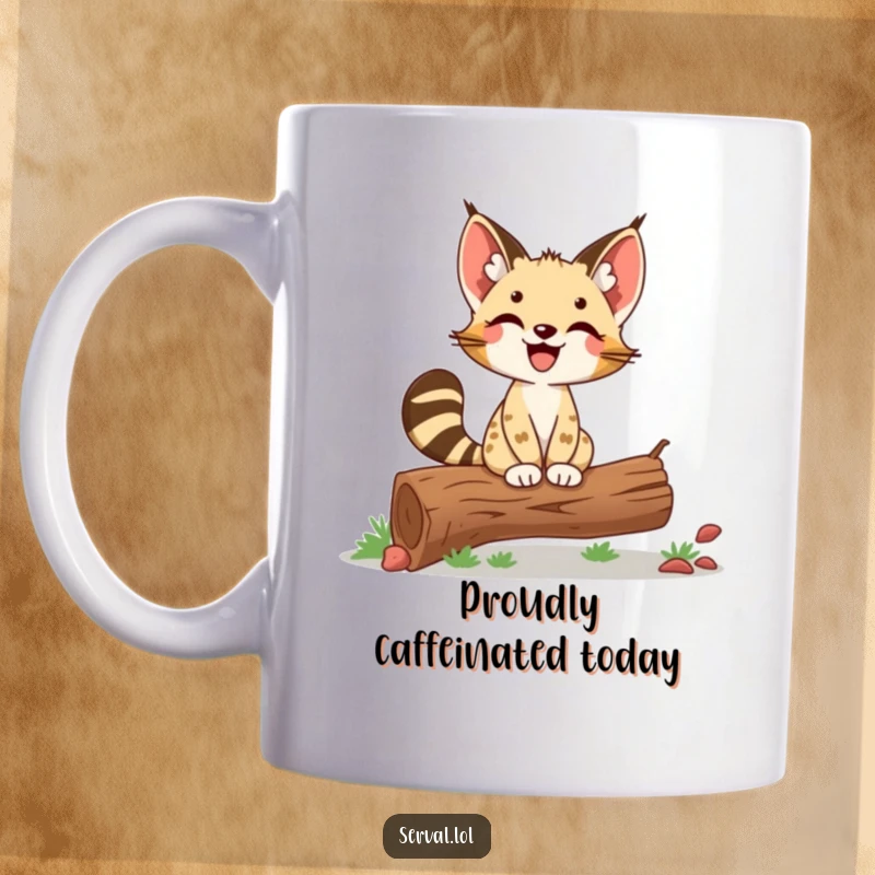 Funny Serval Mug: A delighted serval balances proudly on a log, embodying confidence and a sense of achievement.