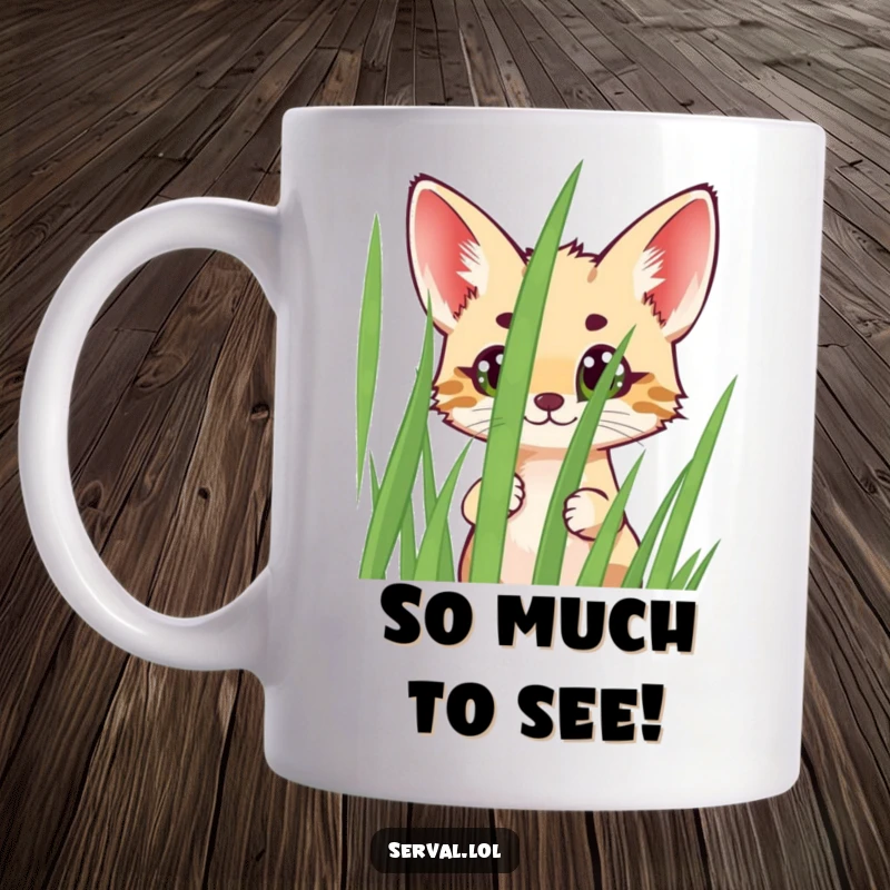 Funny Serval Mug featuring a cheerful serval character peeking with wide eyes from behind a tall blade of grass, bringing instant joy.
