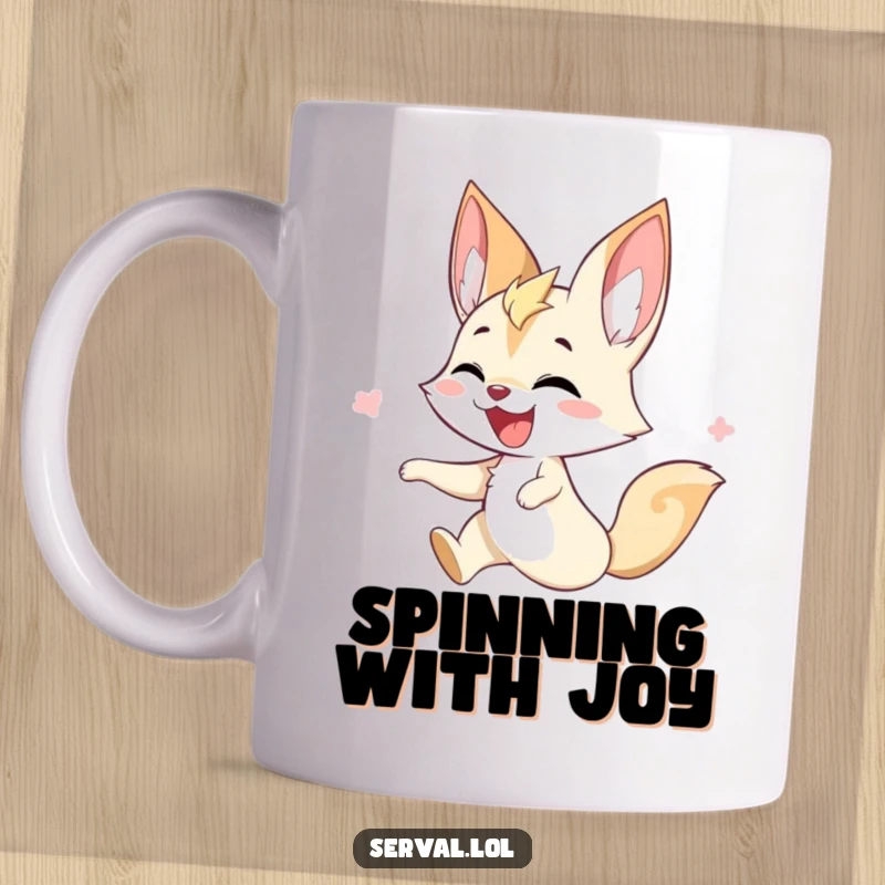 Funny serval mug depicting a serval energetically twirling with pure joy, radiating happiness and fun.