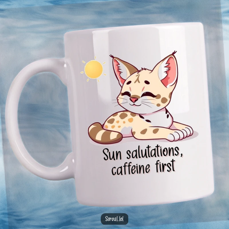 Funny serval mug showing a serval stretching luxuriously in the warm morning sun, exhaling a contented sigh of pure bliss.