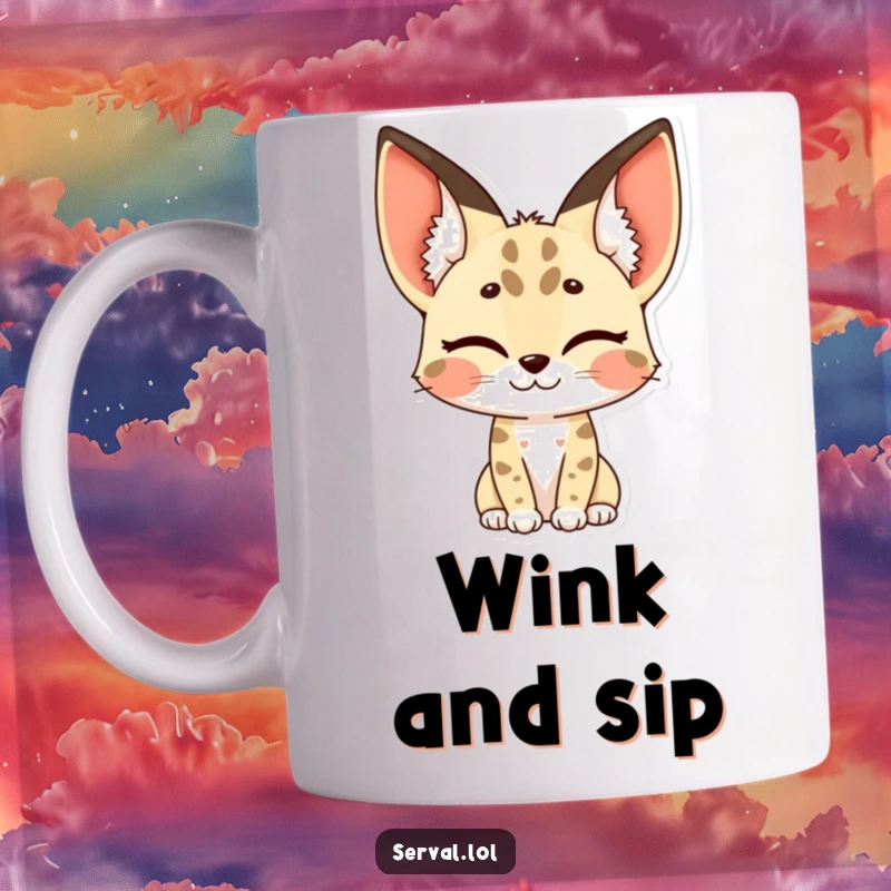 Funny serval mug showing a serval winking with its distinctive spotted ears, conveying a playful secret.