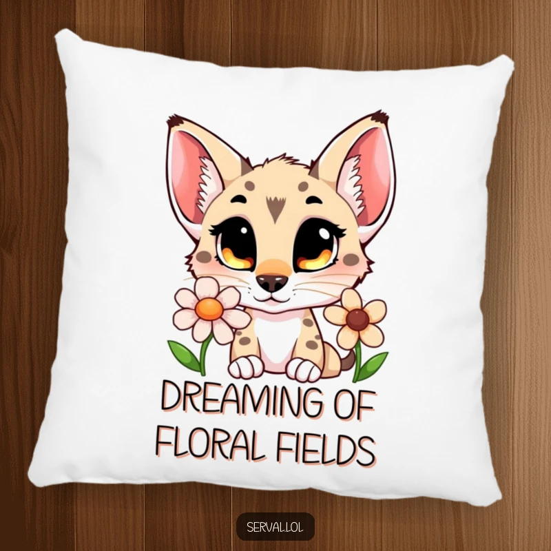 Funny serval pillow with a wide-eyed cat sniffing a beautiful flower, providing comfort and a touch of whimsy.