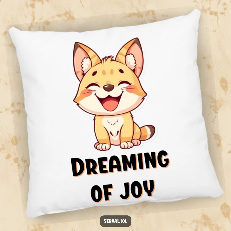 Funny kawaii serval cat with a wide grin, soft decorative pillow, cute jungle animal accent, a funny gift.