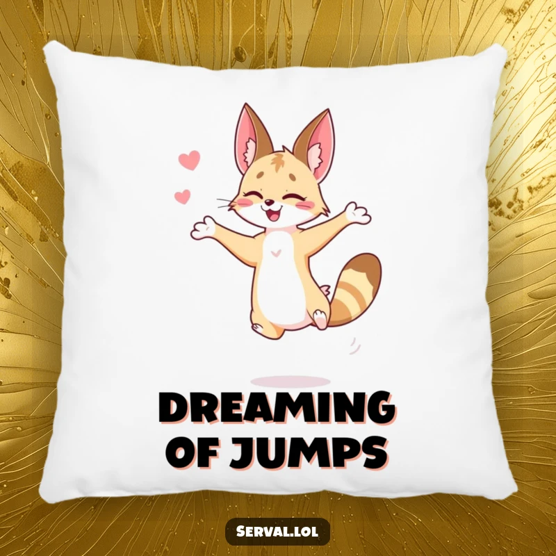 Funny serval pillow featuring a serval in a graceful, funny jump, designed for cozy moments and adding a wild touch.
