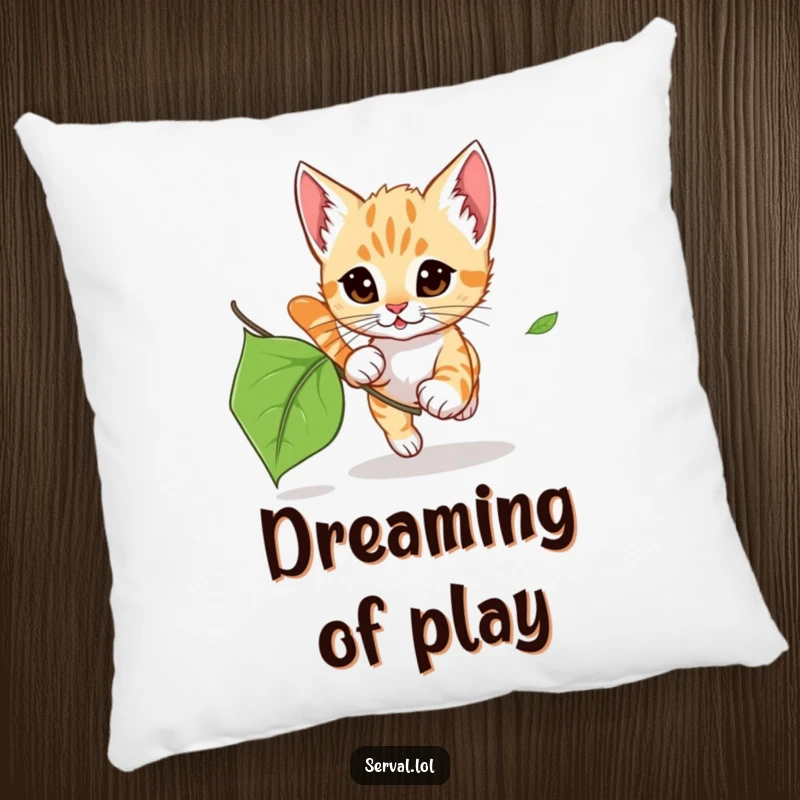 Funny Serval Kitten Leaf Chase Pillow: A plush pillow featuring a serval kitten chasing a leaf, offering playful comfort and humor.