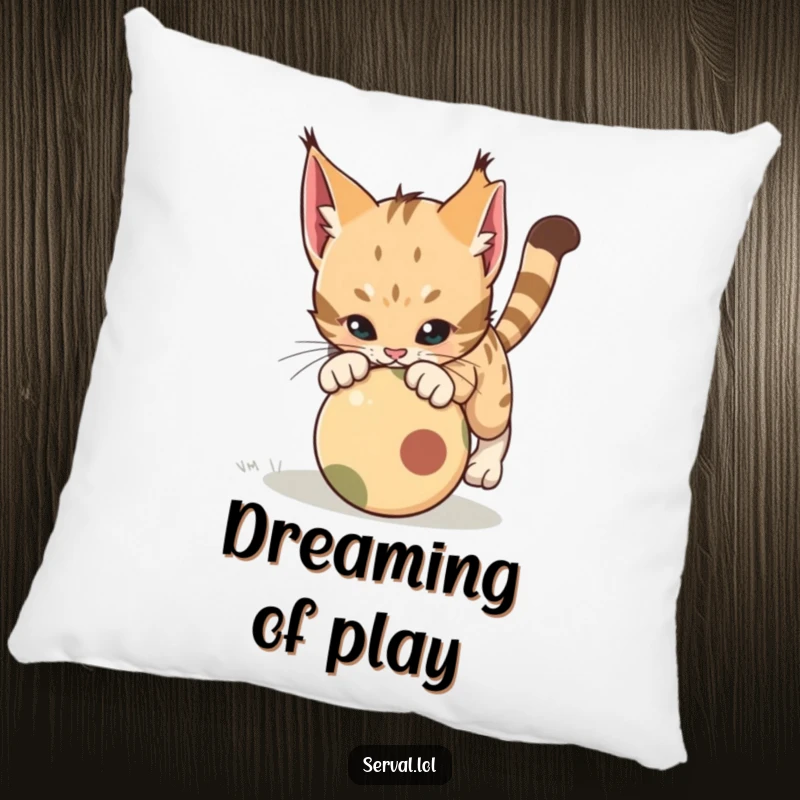 Funny Serval Pounce Pillow. A plush cushion showing a serval cat in a dynamic pounce on a rolling ball, bringing playful humor to any room.