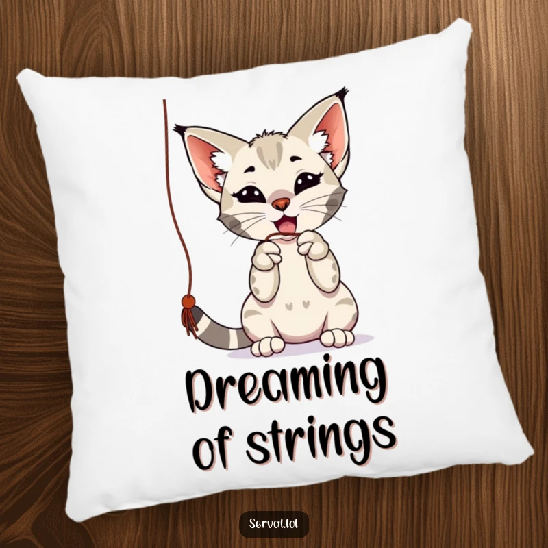 Funny serval pillow showing a playful serval batting at a dangling string with its paws, providing comfort and humorous charm as a funny gift.