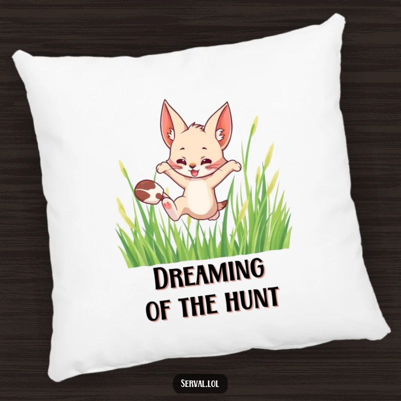 Funny pillow featuring a serval cat leaping playfully through tall grass, bringing whimsical comfort and wild appeal.