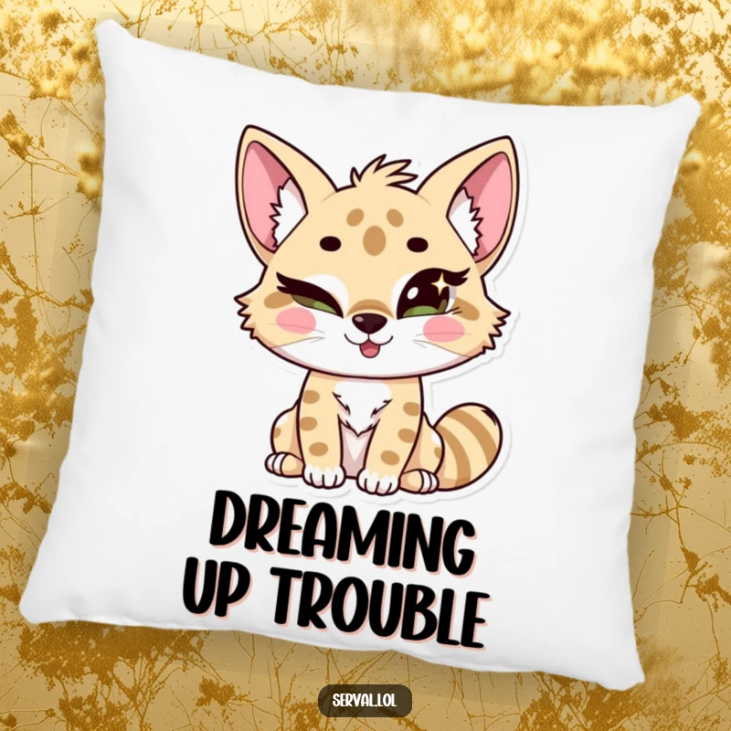 Funny kawaii serval cat winking playfully with sparkling, mischievous eyes, offering comfort and humor. Gift idea.