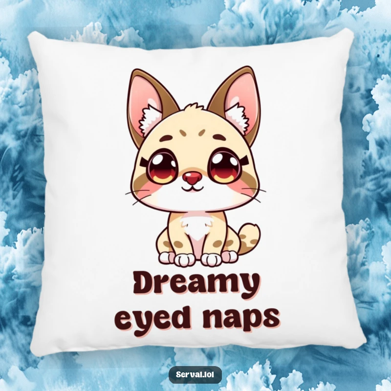 Soft funny kawaii serval cat with large, curious eyes looking up, designed as a comfortable and humorous pillow.