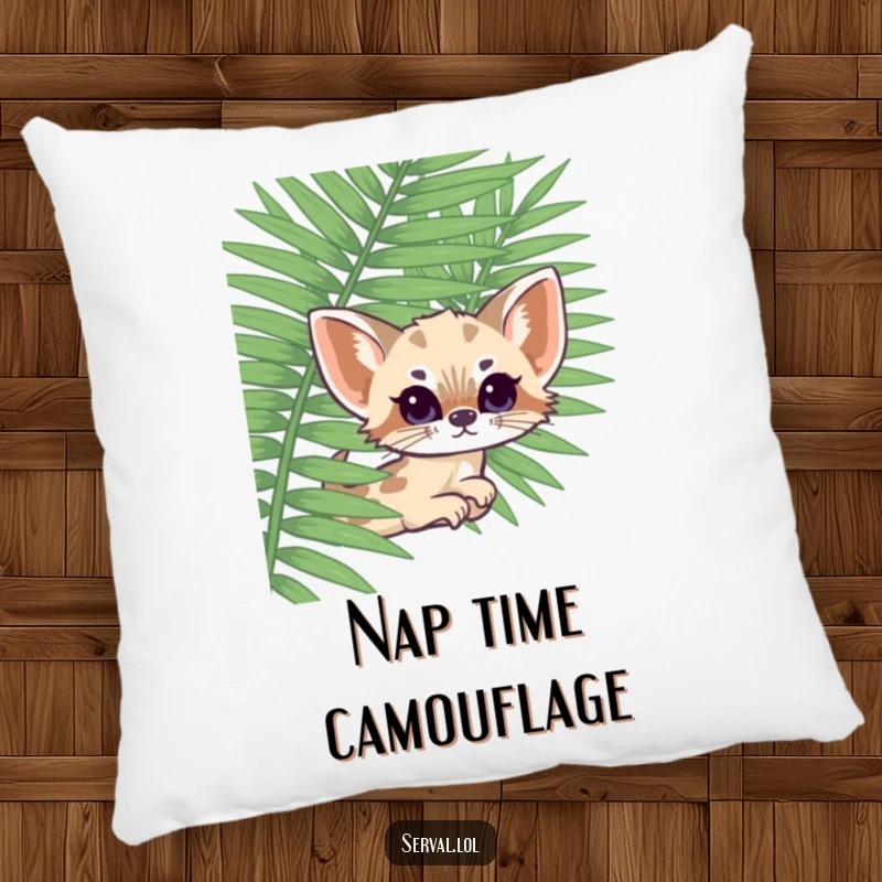 Funny kawaii serval peeking out from a fern, a soft and humorous pillow adding a touch of playful charm to any room.