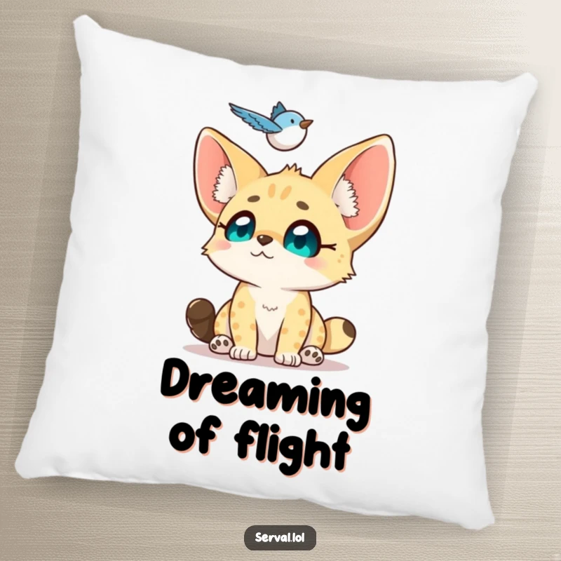 Funny Serval Pillow: A small serval looks up with adoring eyes at a hovering bird, offering cozy comfort and sweet charm.