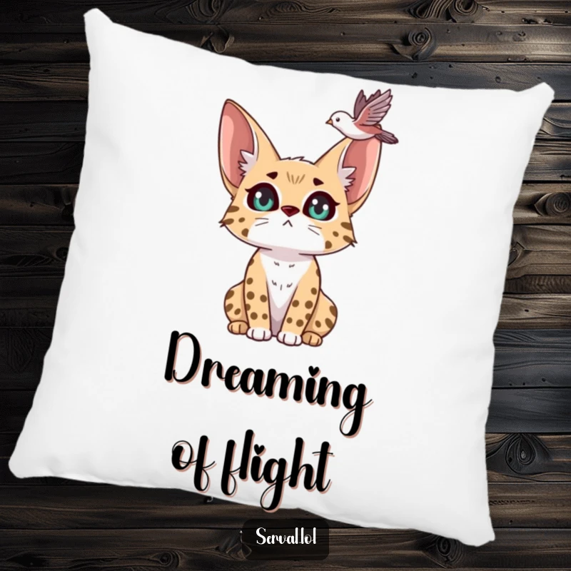 Funny serval pillow showing a serval with wide, expressive eyes, keenly observing a bird in flight, designed for both comfort and amusement.