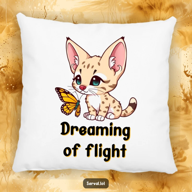 Funny serval character pillow, with large ears perked, looking curiously at a butterfly, bringing a sense of gentle wonder.