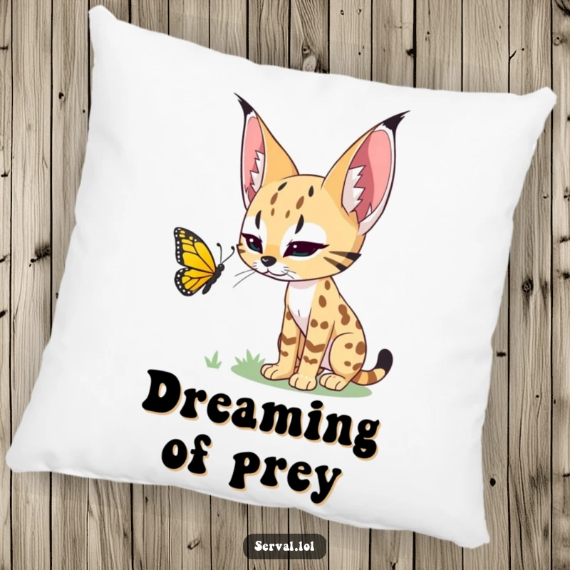 Funny pillow featuring a serval stalking a colorful butterfly, adding playful wild cat humor to decor.
