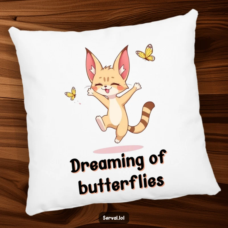 Funny pillow featuring a kawaii serval character joyfully leaping to catch a butterfly, offering comfort and adorable charm.
