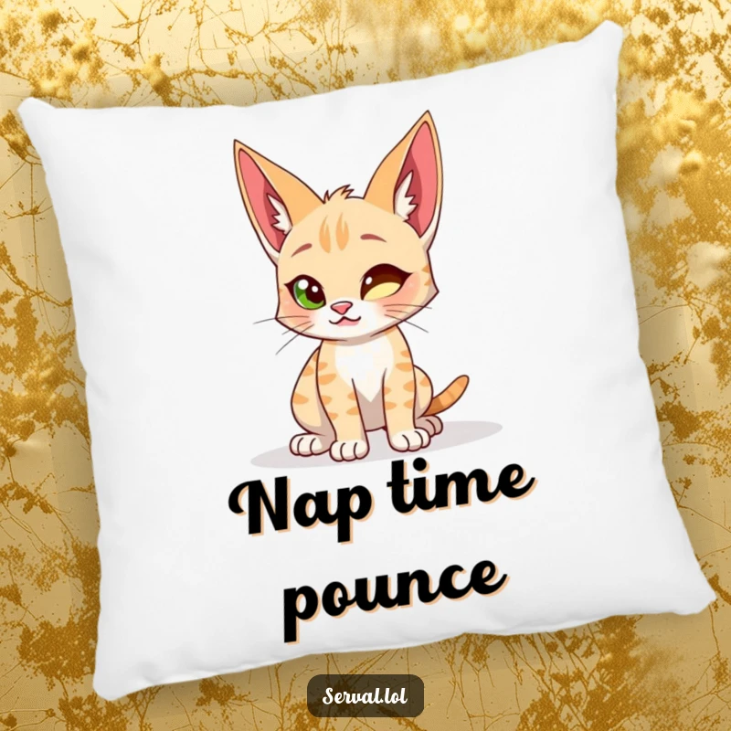 Funny pillow featuring a serval cat in a playful crouch, ready to spring, adding a touch of wild humor to any room.
