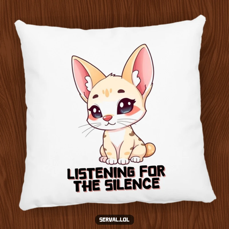 Funny serval pillow, a wild cat with large ears curiously tilting its head, offering comfort and charm.