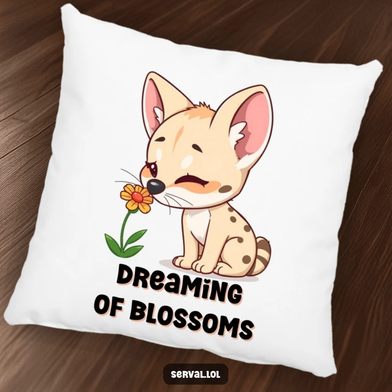 Funny Serval Pillow: A curious serval delights in sniffing a colorful flower, adding natural joy and comfort.