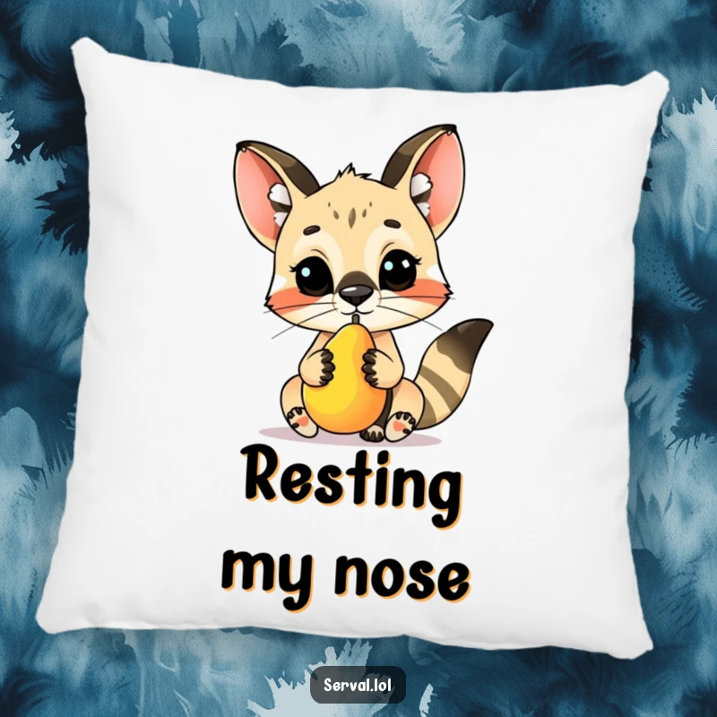 Funny serval character pillow, skillfully balancing a small fruit on its nose, bringing adorable talent and comfort.