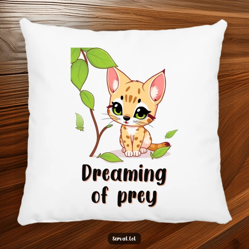 Funny serval pillow showing a serval with an excited gaze, curiously stalking a rustling leaf, bringing humor and comfort.