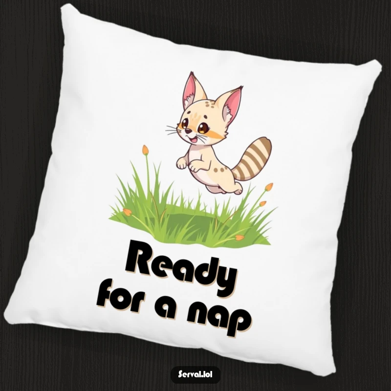 Funny Serval Pillow: A cute serval character in a playful leap, bringing cheerful feline energy to any comfortable space.
