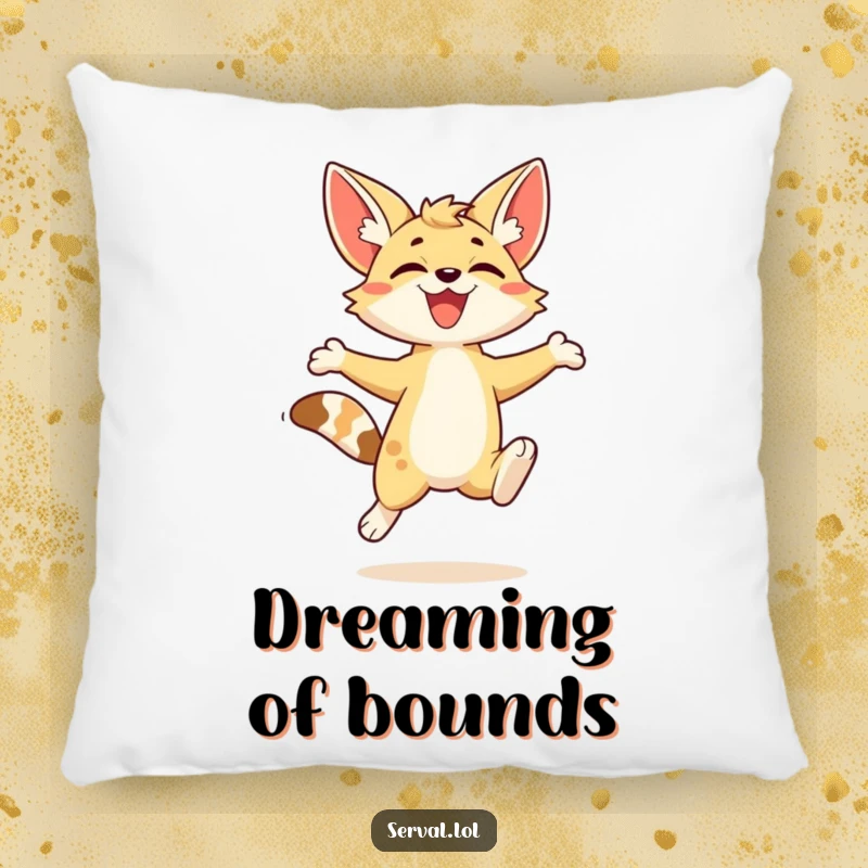 Soft funny kawaii serval cat in a dynamic, joyful leap, designed as a comfortable and humorous pillow.