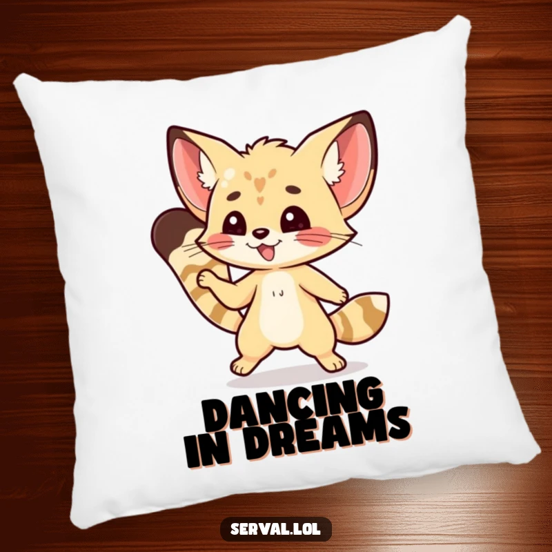 Soft funny kawaii serval cat doing a nimble dance step, designed as a comfortable and humorous pillow.