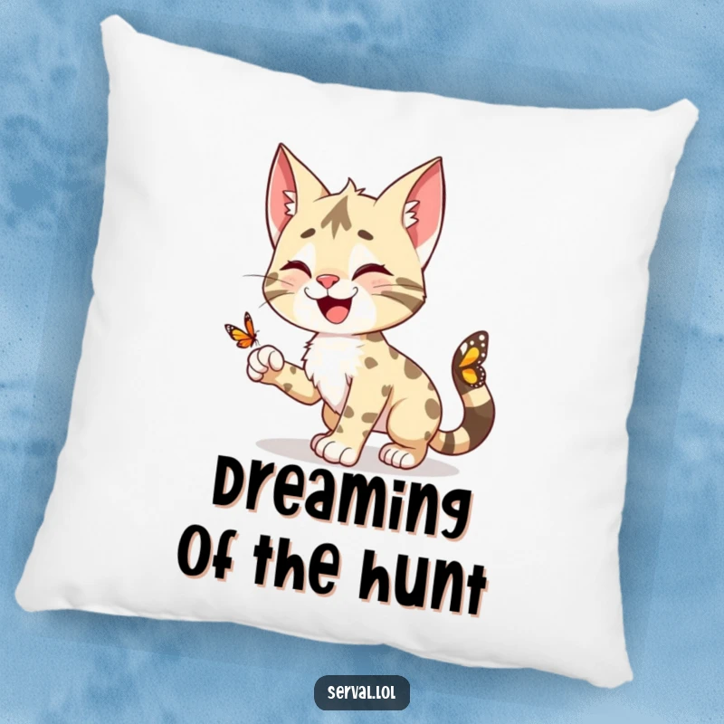 Funny Serval Pillow: A happy serval character in a playful pounce, bringing whimsical charm and comfort.