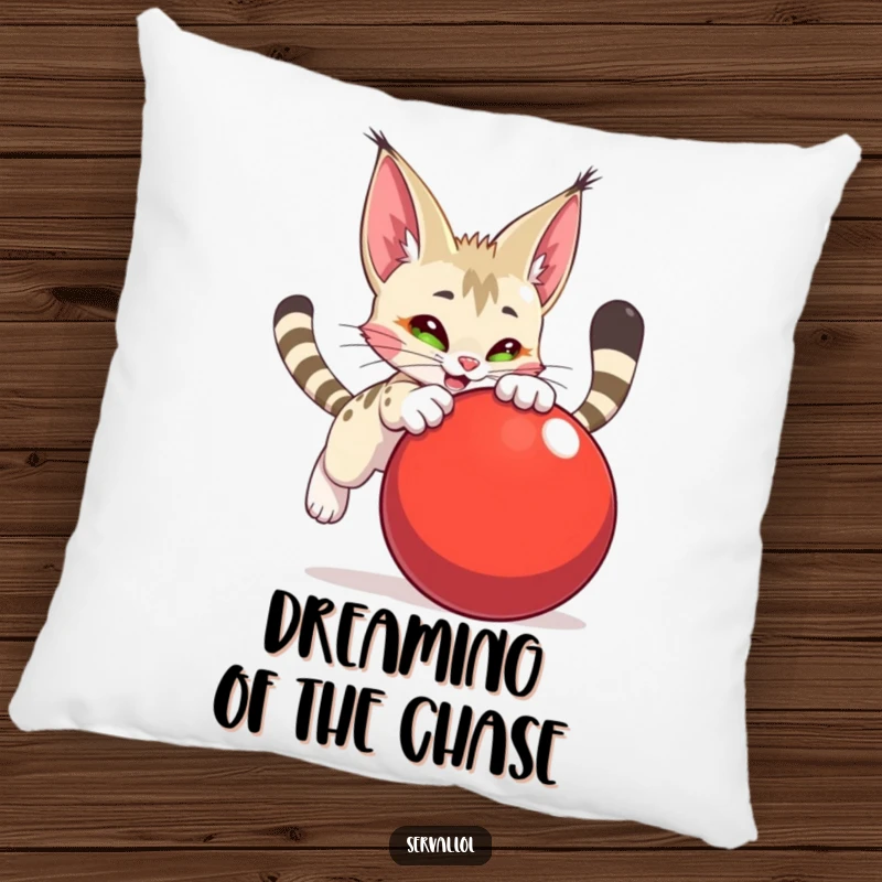 Funny serval character pillow, captured in a dynamic pounce on a large red ball, bringing playful energy to soft comfort.