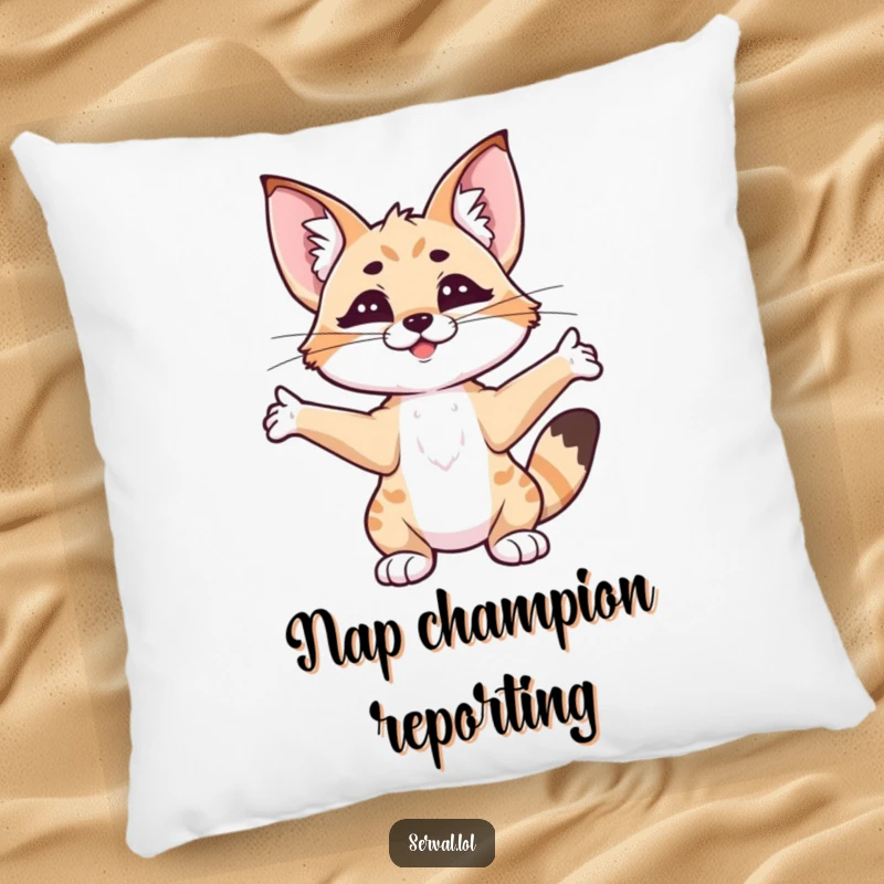 Funny serval stretching pillow, a content serval cat stretching lazily, adding comfort and humor to any sofa.
