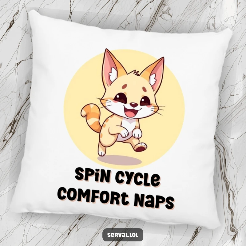 Funny serval pillow with a wide-grinned serval joyfully spinning and chasing its tail, designed for maximum comfort and amusement.