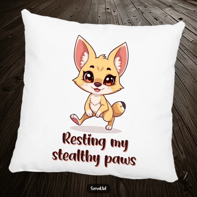 Funny Serval Pillow: A serval character in a funny, stealthy tiptoe position with an excited grin, ideal for comfort.