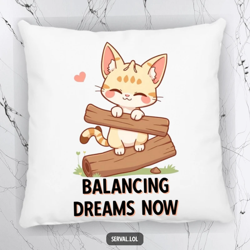 Funny pillow showcasing a winking serval cat expertly balancing on a log, perfect for adding quirky comfort.