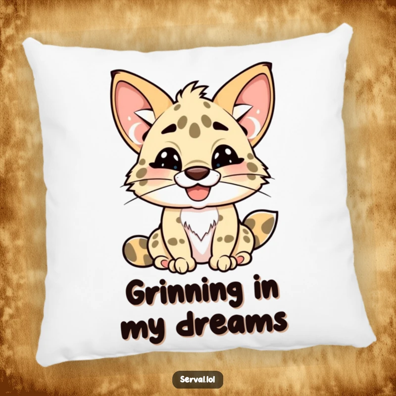 Funny kawaii serval pillow, cute serval character with a mischievous toothy grin, soft cushion, charming funny gift.