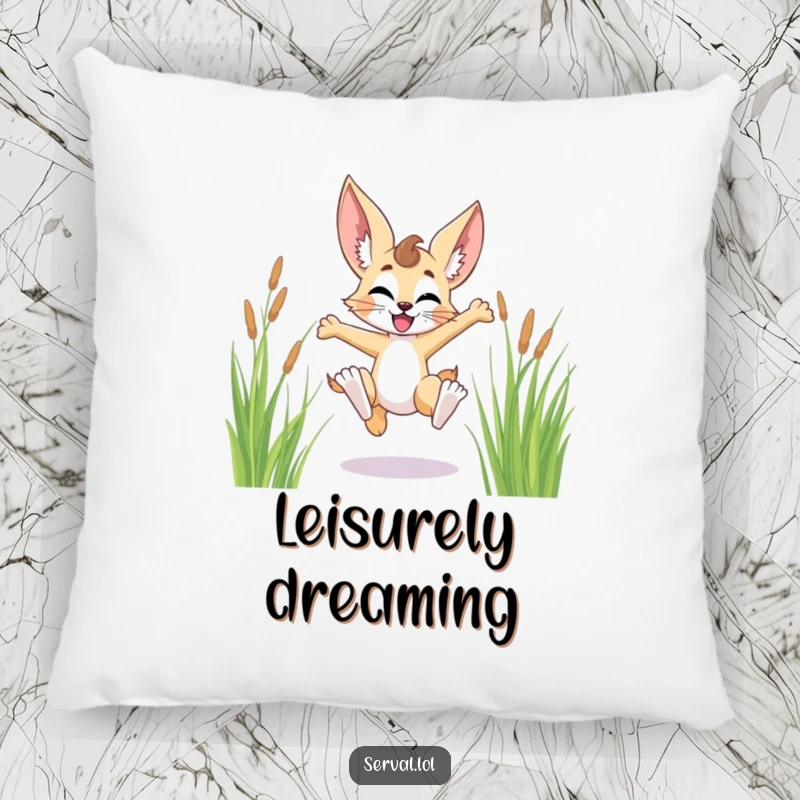 Funny serval character pillow, joyfully leaping through tall grass, bringing a sense of wild freedom and pure happiness.