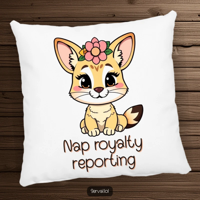 Funny serval pillow with a cheeky serval wearing a flower crown, offering comfort and playful elegance.
