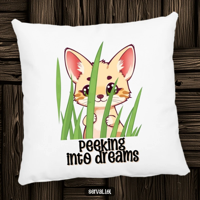 Funny Serval Pillow with a cheerful serval peeking wide-eyed from behind grass, offering comfort and a playful decorative element.