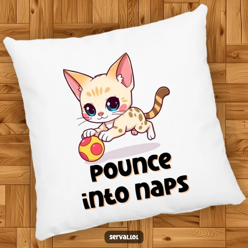 Funny serval cat character pillow featuring an agile serval cat mid-pounce, perfect for adding playful intensity to any room.