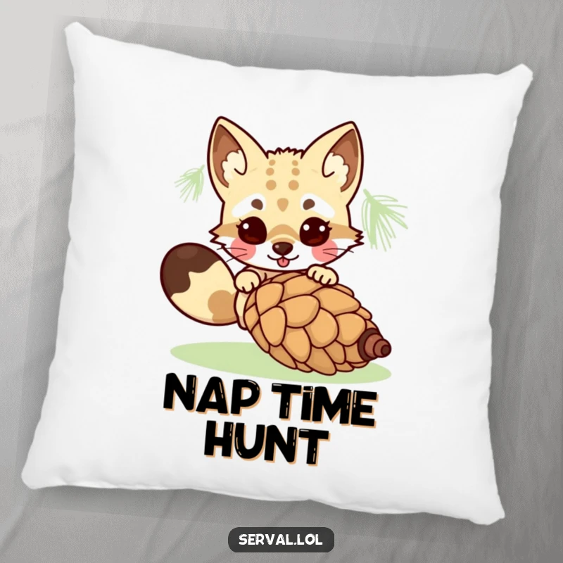 Funny kawaii serval character playfully pouncing towards a rolling pinecone, a soft and humorous addition to any cozy space. Gift idea.