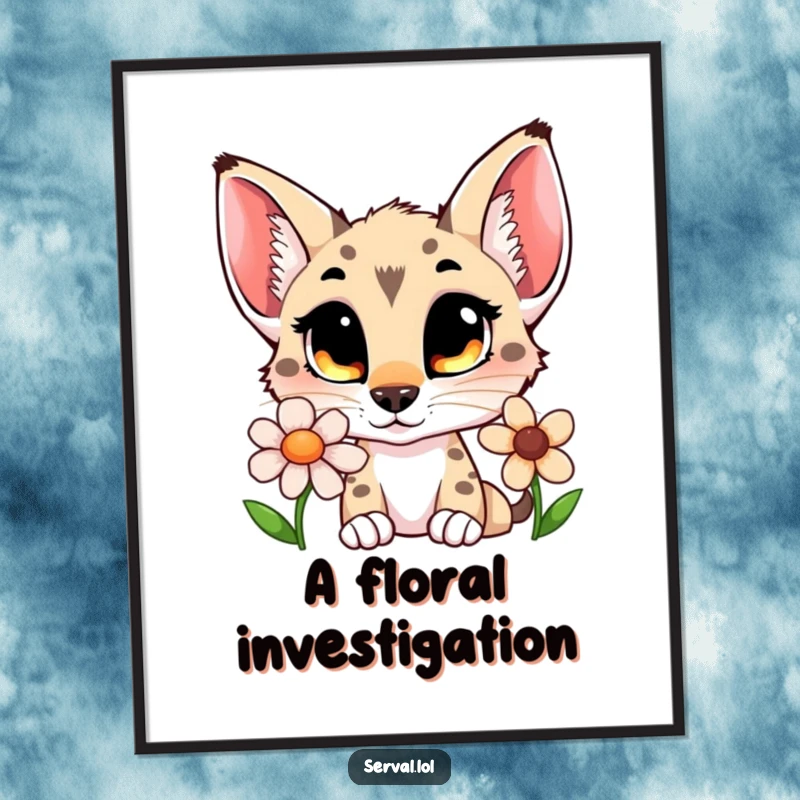 Funny serval digital art print of a curious cat with wide eyes sniffing a flower, ideal for instant wall decor.