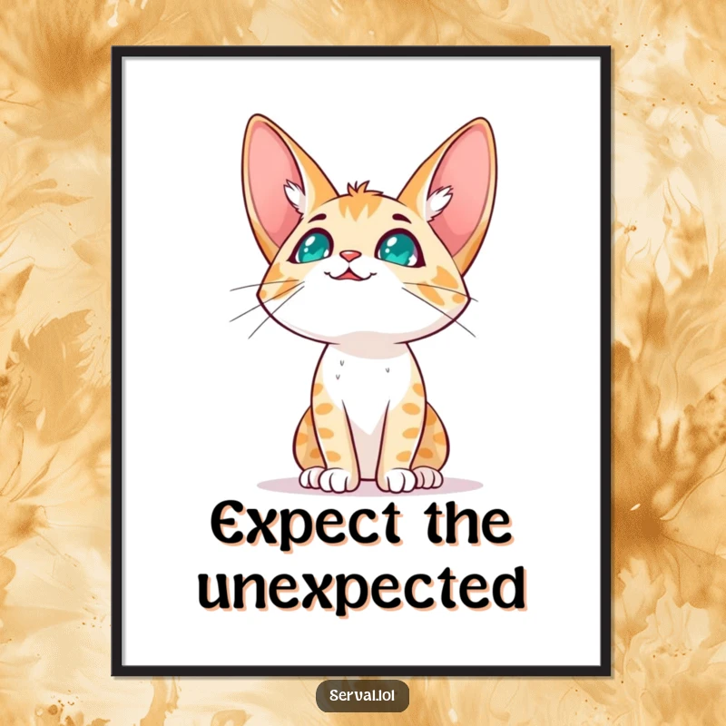 Funny serval cat character digital art print of a serval cat looking up at the sky with an expectant, hopeful expression.