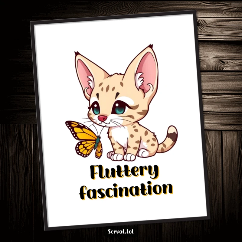 Funny serval character digital art print, large ears perked, looking curiously at a butterfly, exuding gentle wonder and magic.