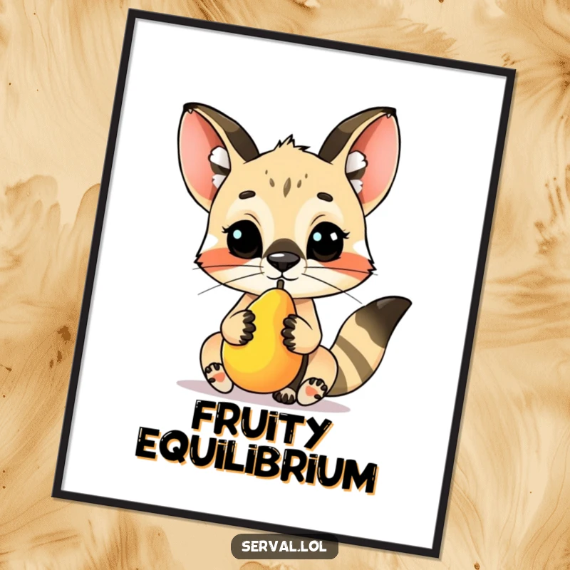 Funny serval character digital art print, skillfully balancing a small fruit on its nose, embodying adorable talent and playful elegance.