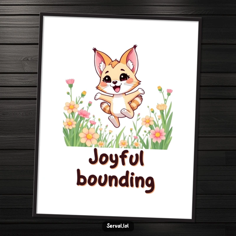 Funny kawaii serval cat character joyfully bounding through tall flowers, as a digital art print.