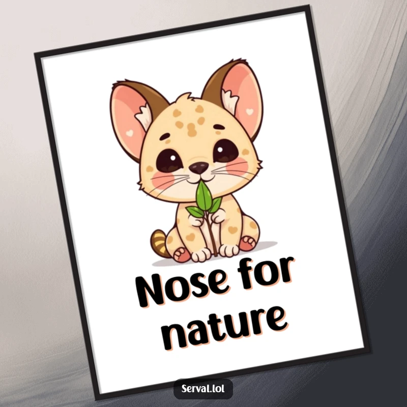Funny kawaii serval cat character balancing a small leaf on its nose, as a digital art print.